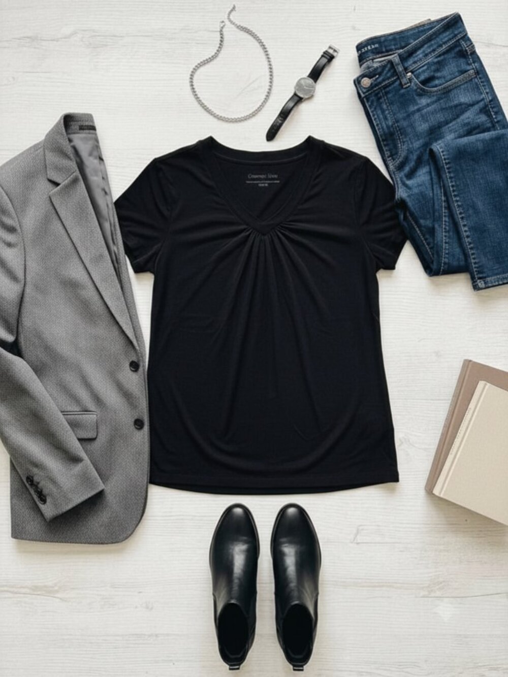 Charter Club Black V Neck Top Ruched Short Sleeve Stretch Tee | Sz Medium